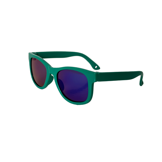 Green Baby Ray polarised sunglasses with purple lenses on a white background