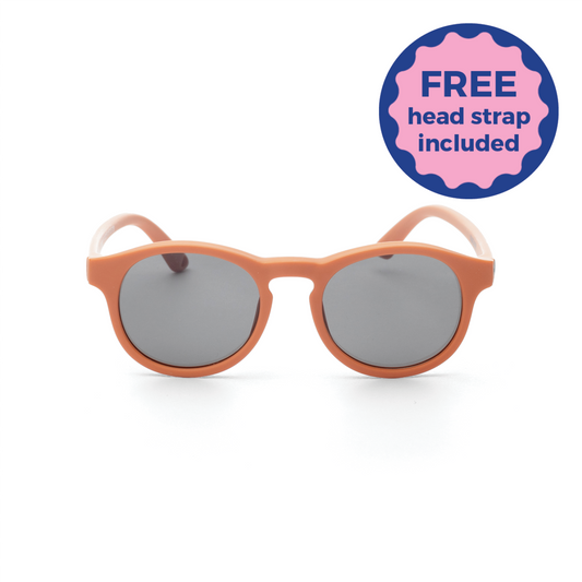 Round Kids Sunglasses with orange frame and gray lenses on a white background