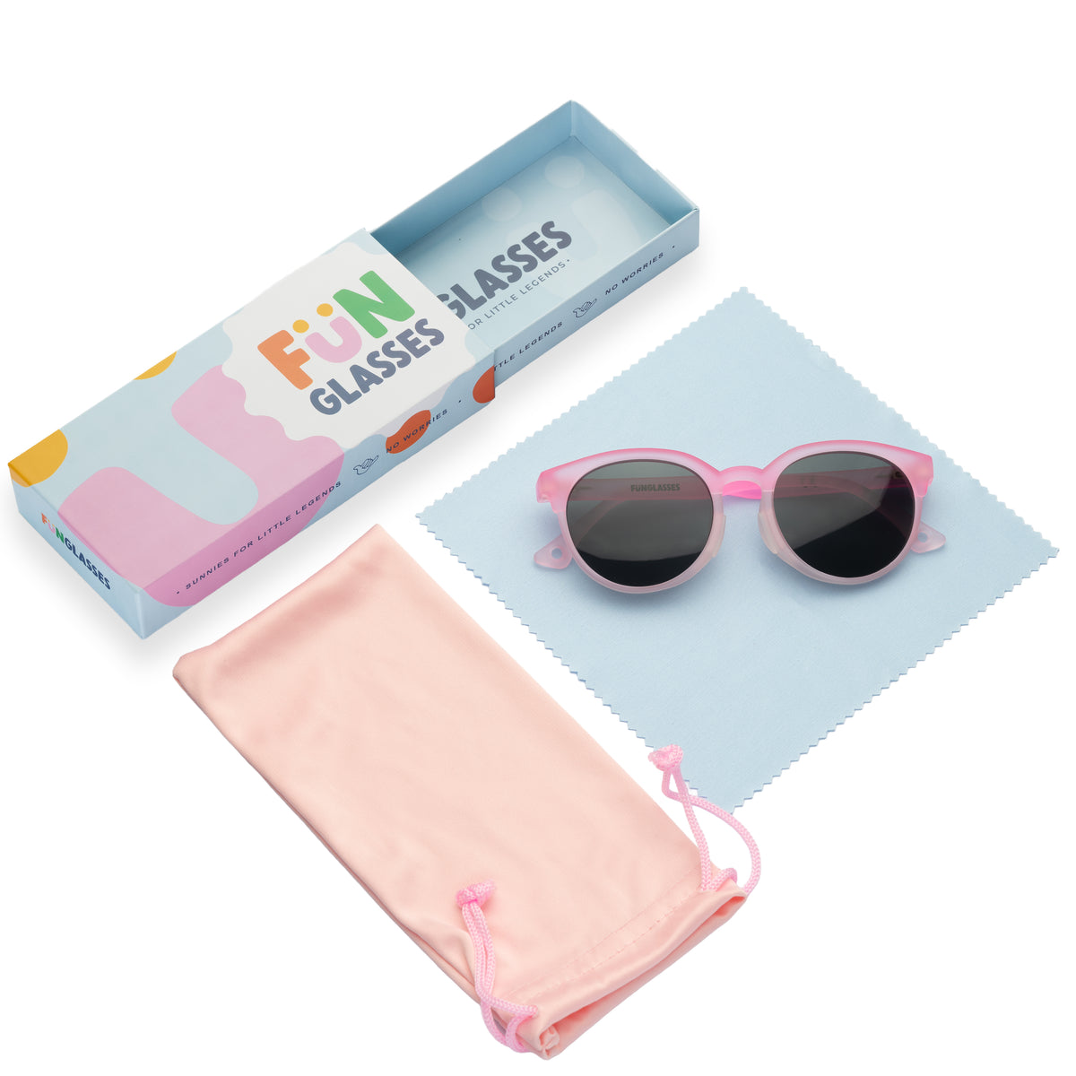 Pink sunglasses with case and box on a white background