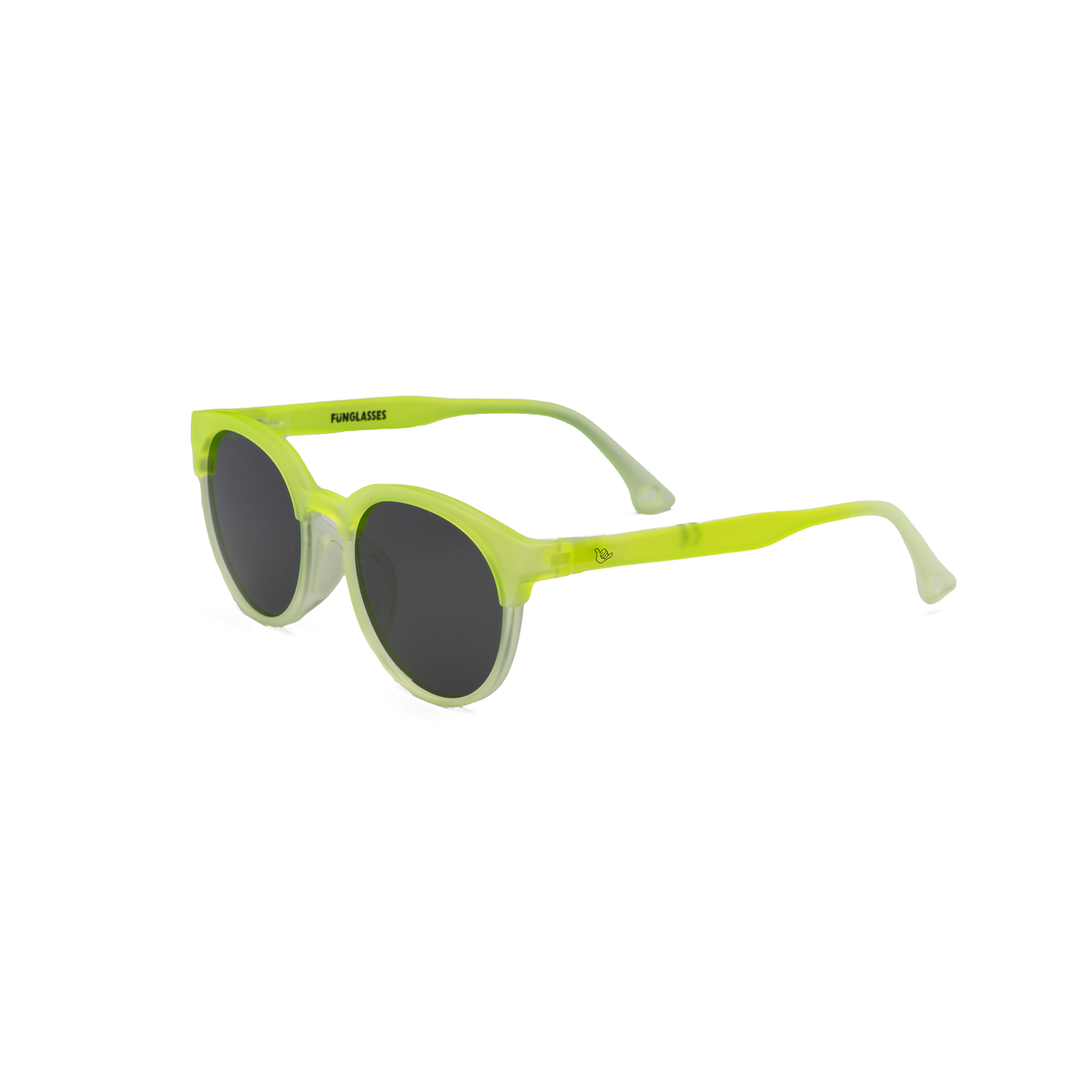 Neon green sunglasses with black lenses on a white background