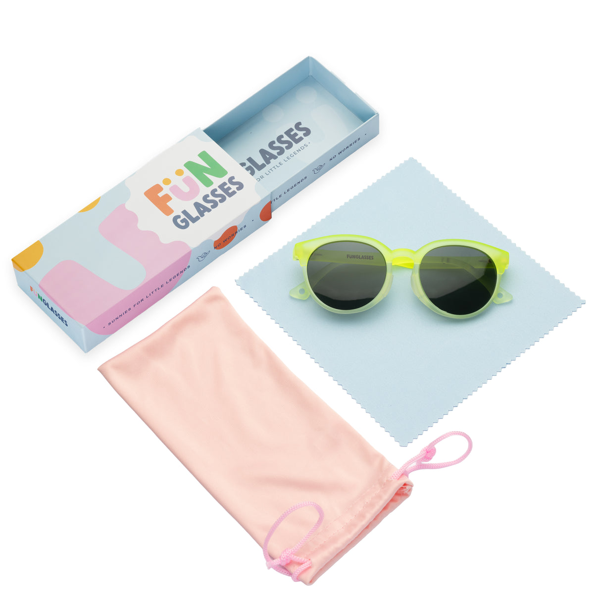Children's neon yellow sunglasses with pink carrying case and colorful packaging on a white background