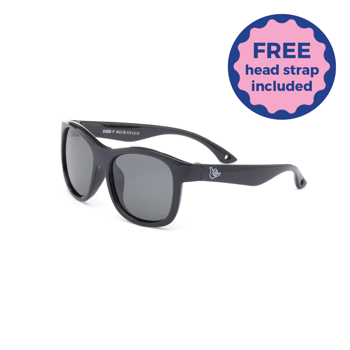 Black Classic Kids and Baby sunglasses with a free head strap included badge on a white background