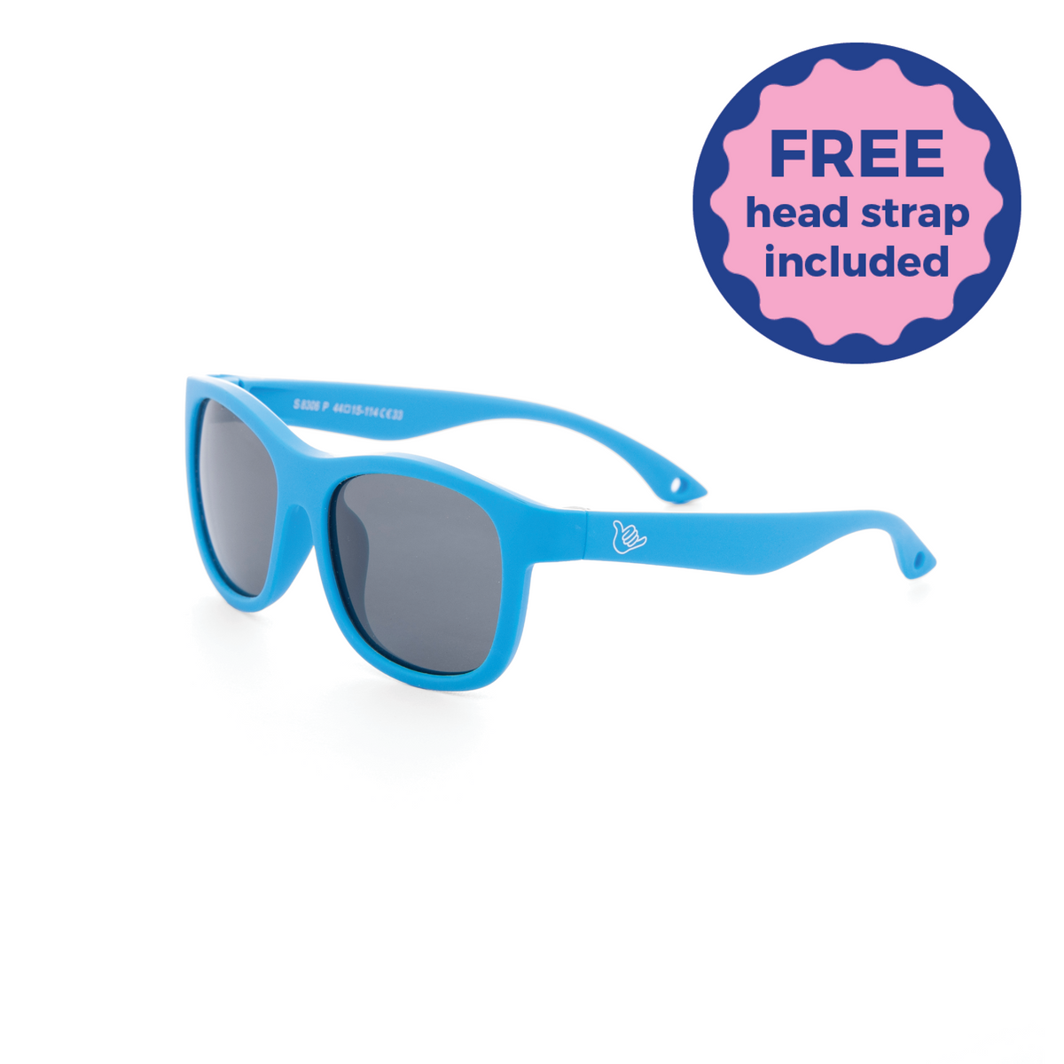 Blue Classic kids and baby sunglasses with a free head strap included badge on a white background
