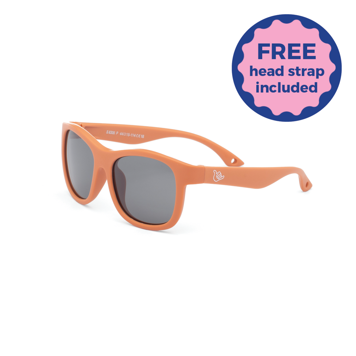 Orange Classic kids and baby sunglasses with a logo on a white background