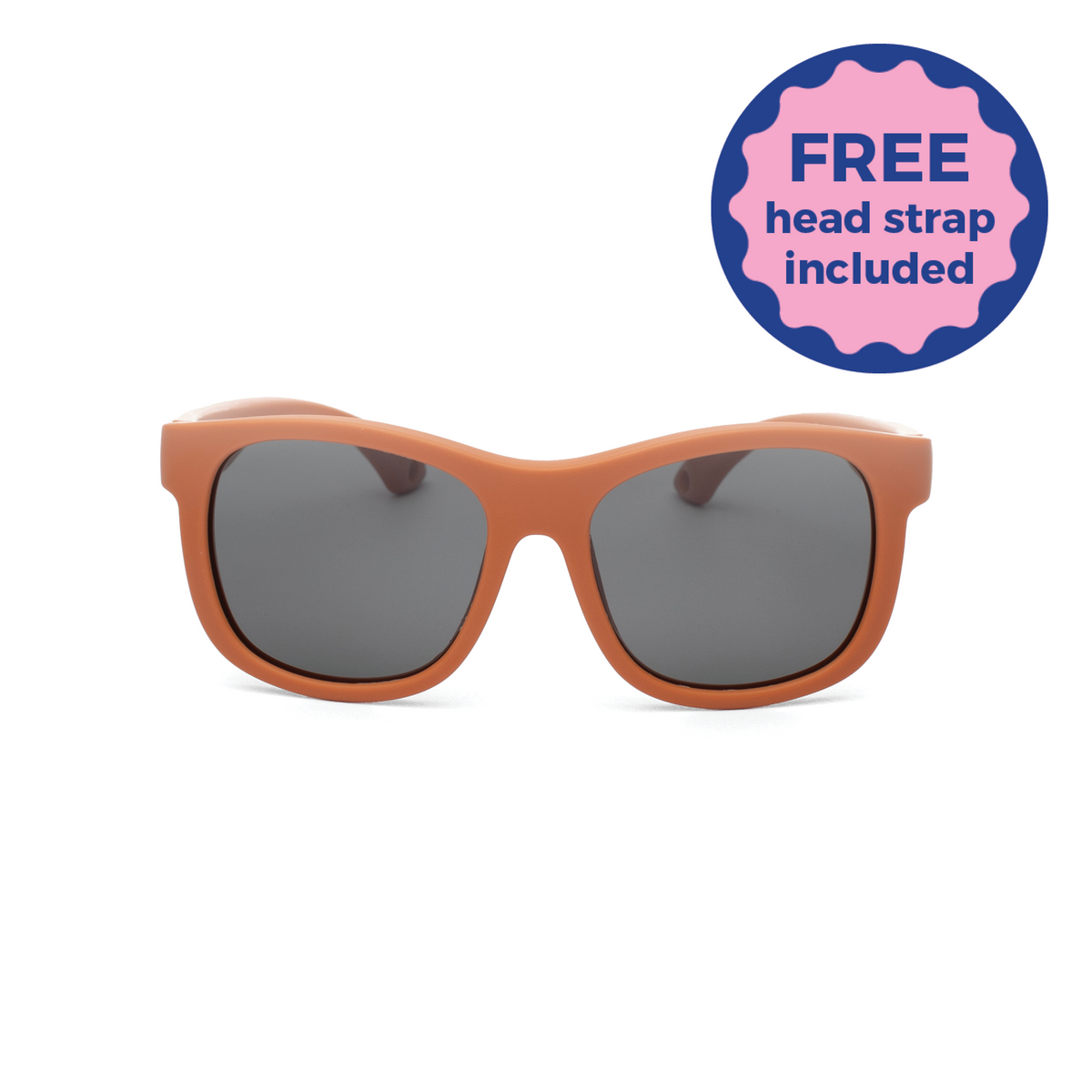 Kids and Baby Sunglasses with orange brown frame and dark lenses on a white background