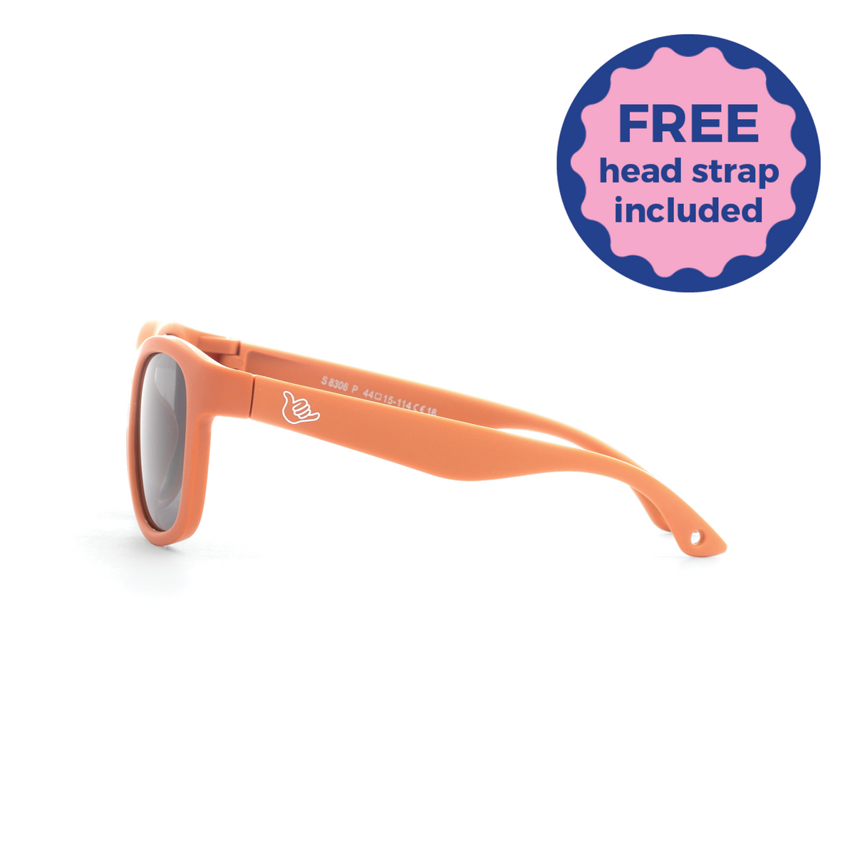 Orange kids and baby sunglasses with a visible brand logo on a white background