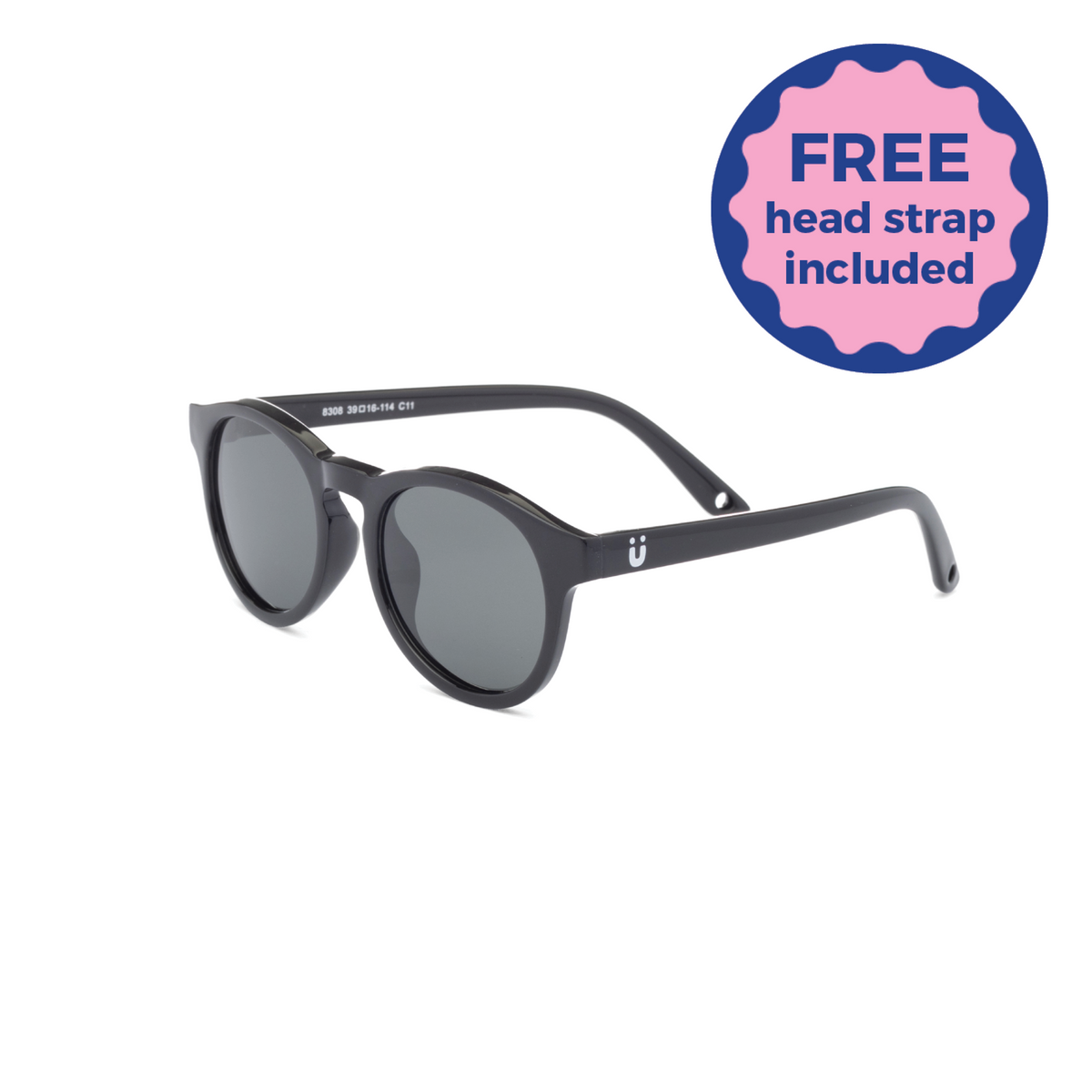 Black kids sunglasses with a logo on a white background