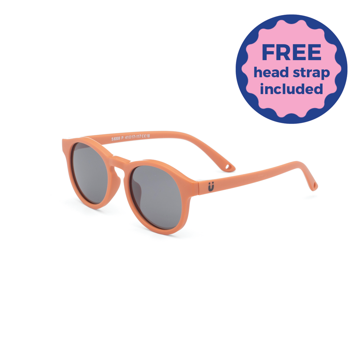 Orange kids sunglasses with dark lenses on a white background