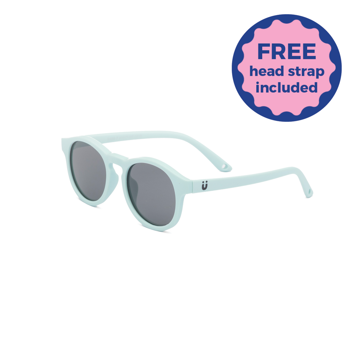 Light blue kids and baby sunglasses with dark lenses on a white background