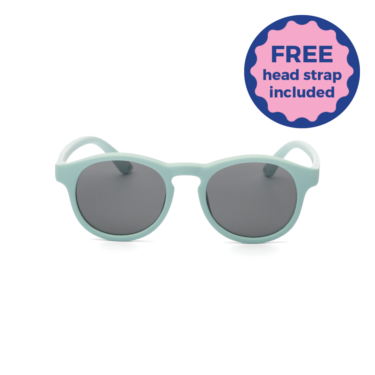 Light blue kids and baby sunglasses with dark lenses on a white background