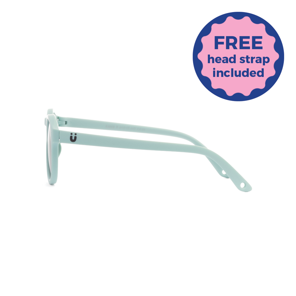 Light blue kids and baby sunglasses with a free head strap included badge on a white background