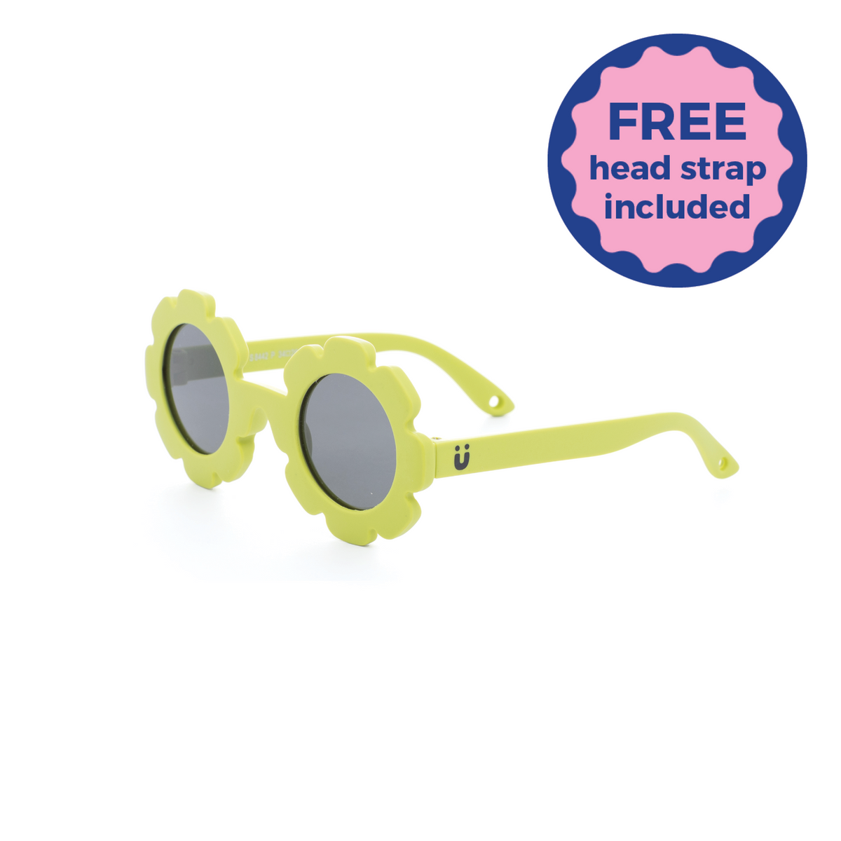 Green kids sunglasses with floral design on a white background