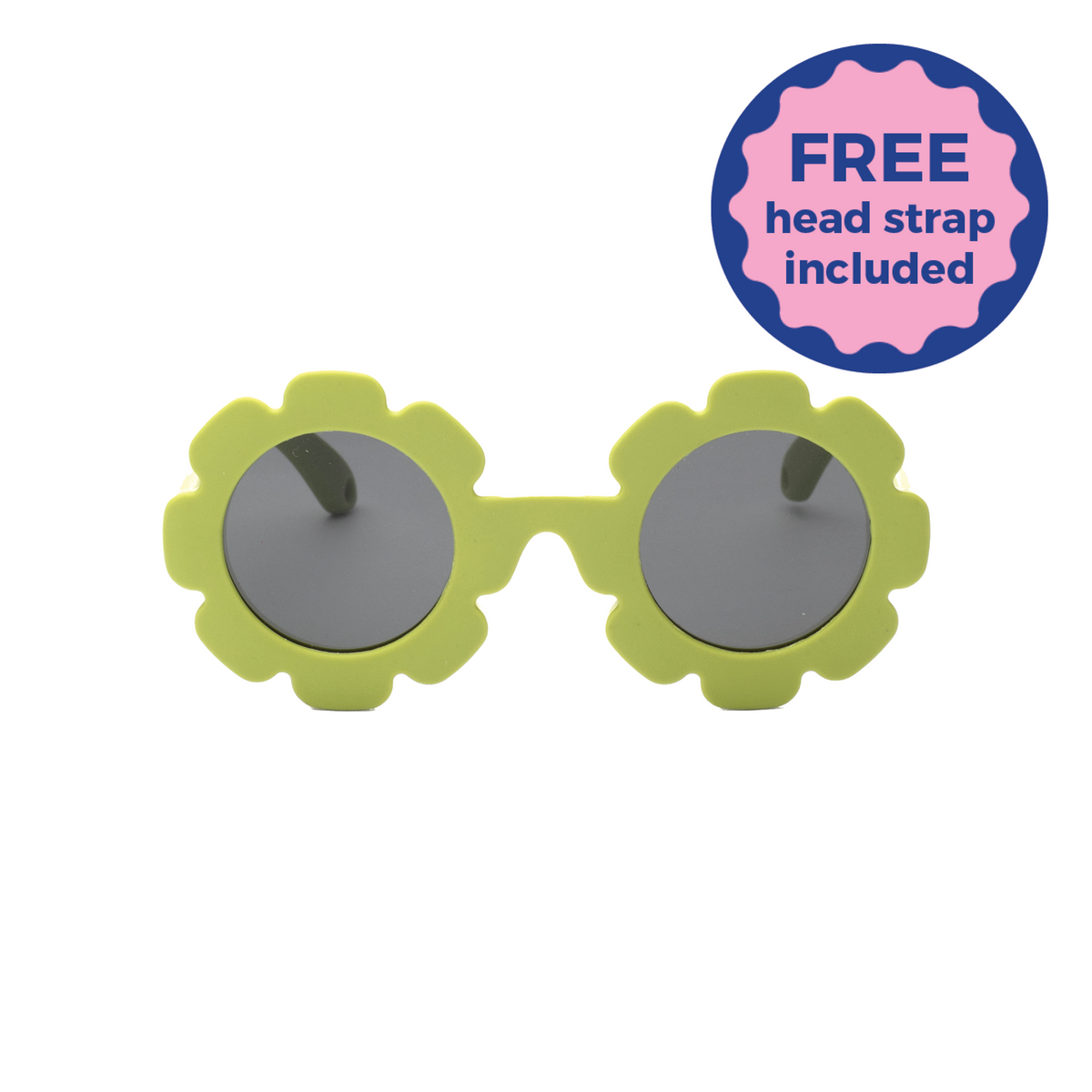 Children's green daisy sunglasses with floral design on a white background