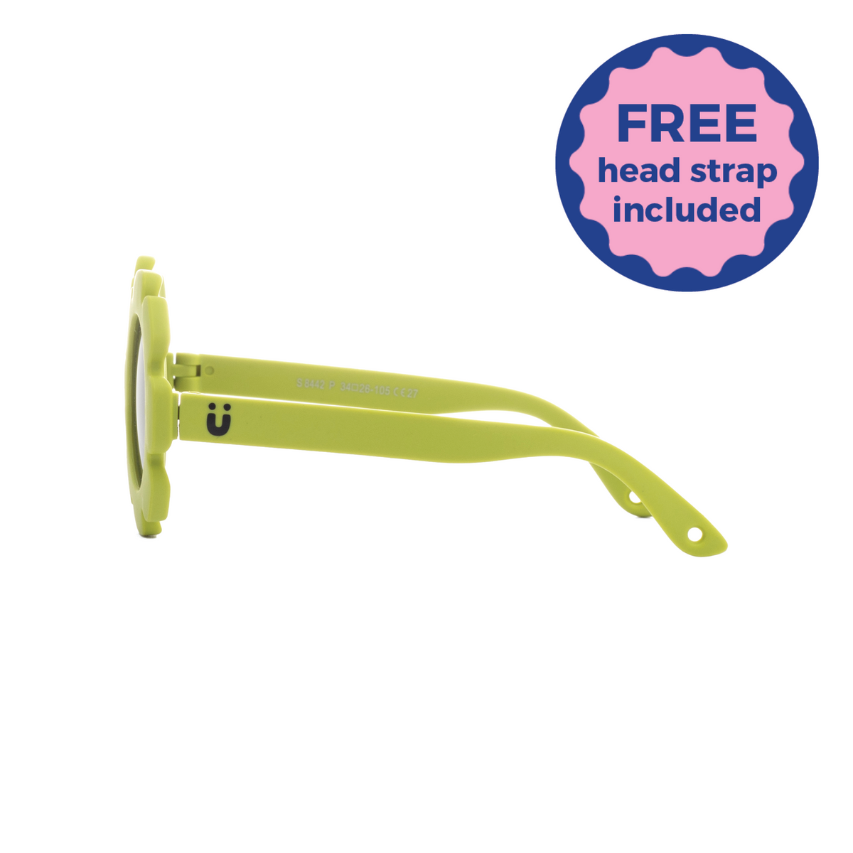 Green kids sunglasses with a brand logo Fun Glasses on a white background