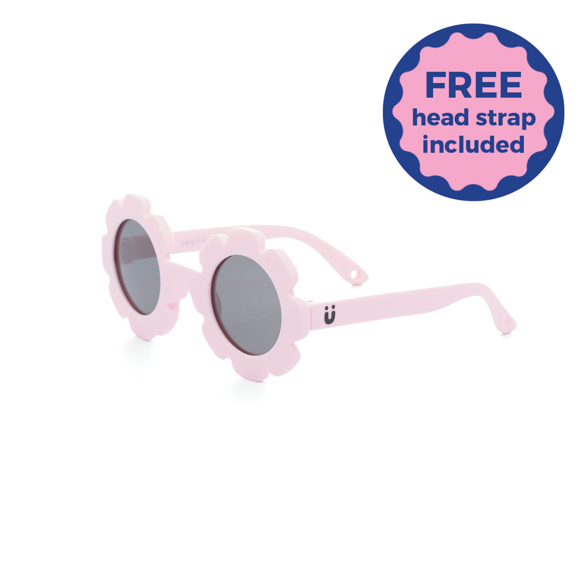 Pink daisy kids sunglasses with round lenses on a white background