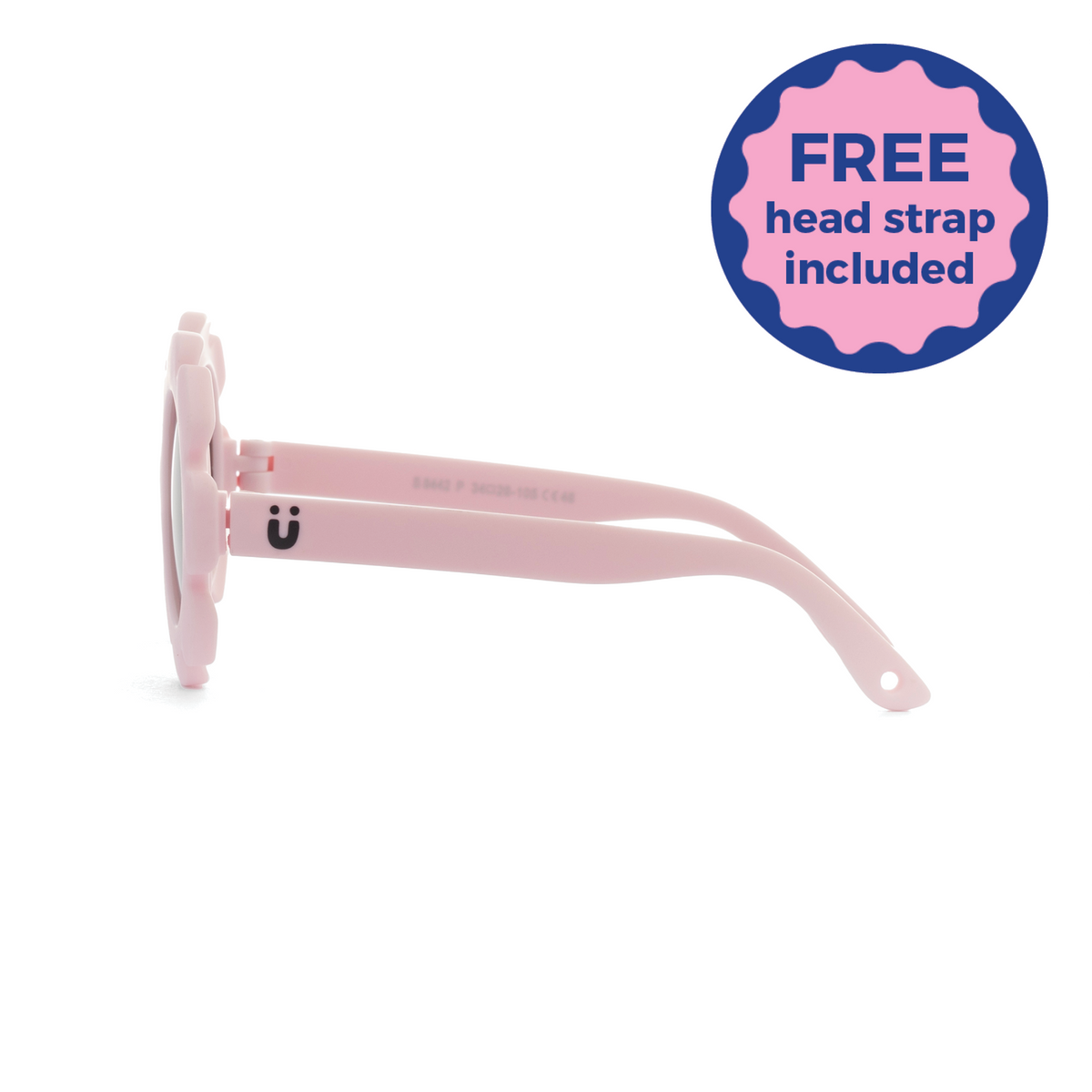 Pink daisy kids sunglasses with a smiley face on the arm against a white background, side view