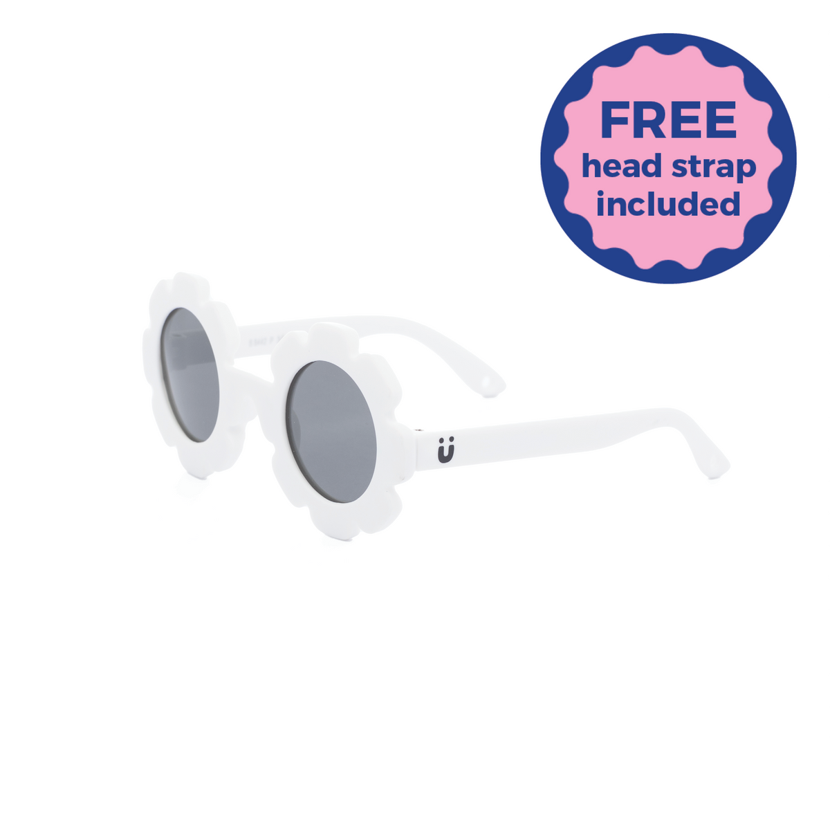 White daisy kids sunglasses with dark lenses on a white background