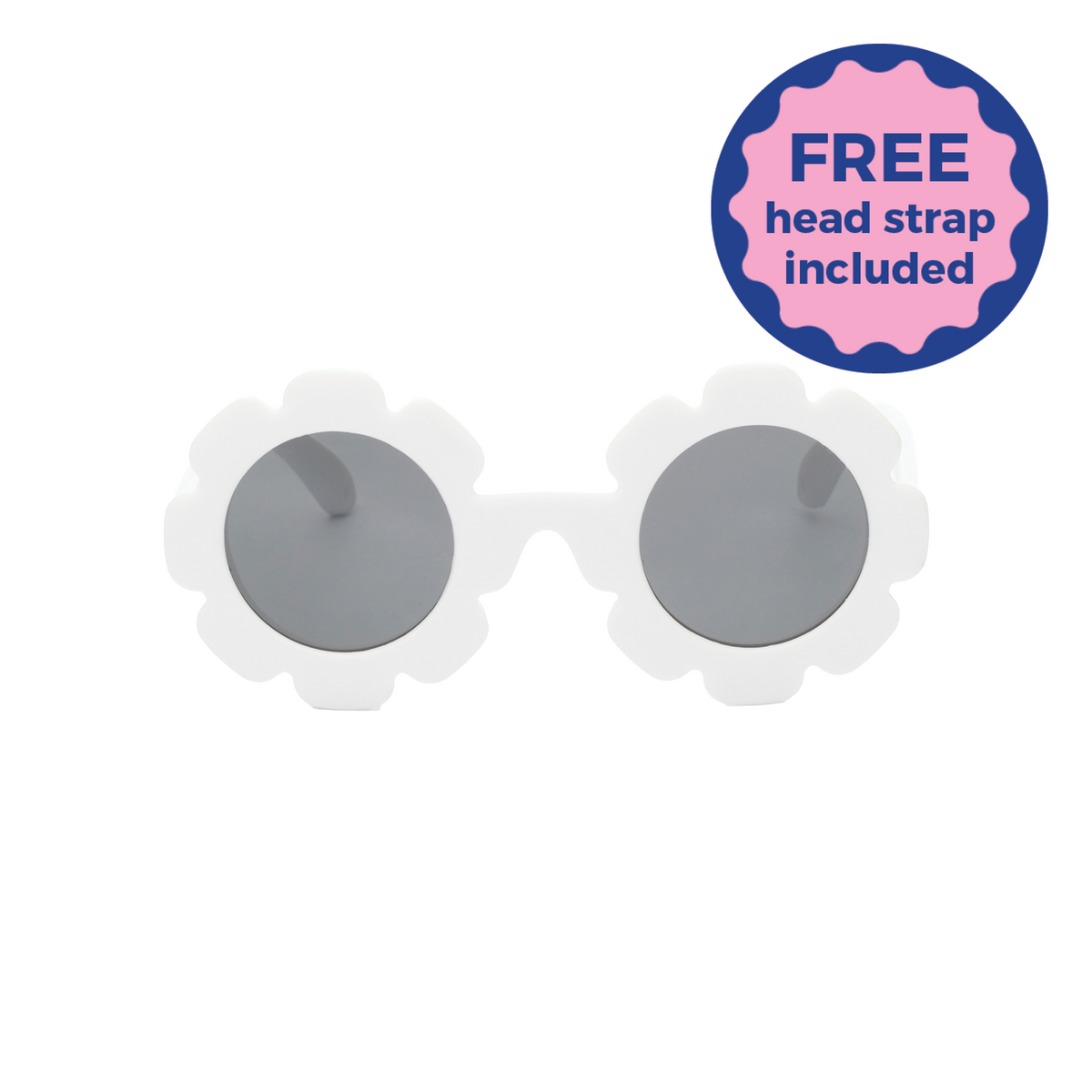 White daisy kids sunglasses with gray lenses on a white background