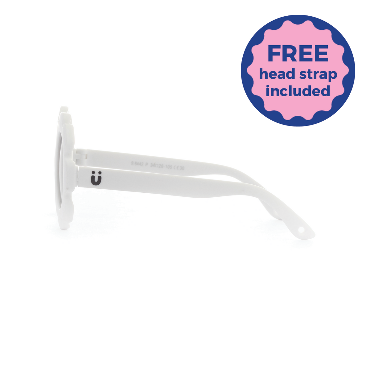 White daisy kids sunglasses with a logo on a white background