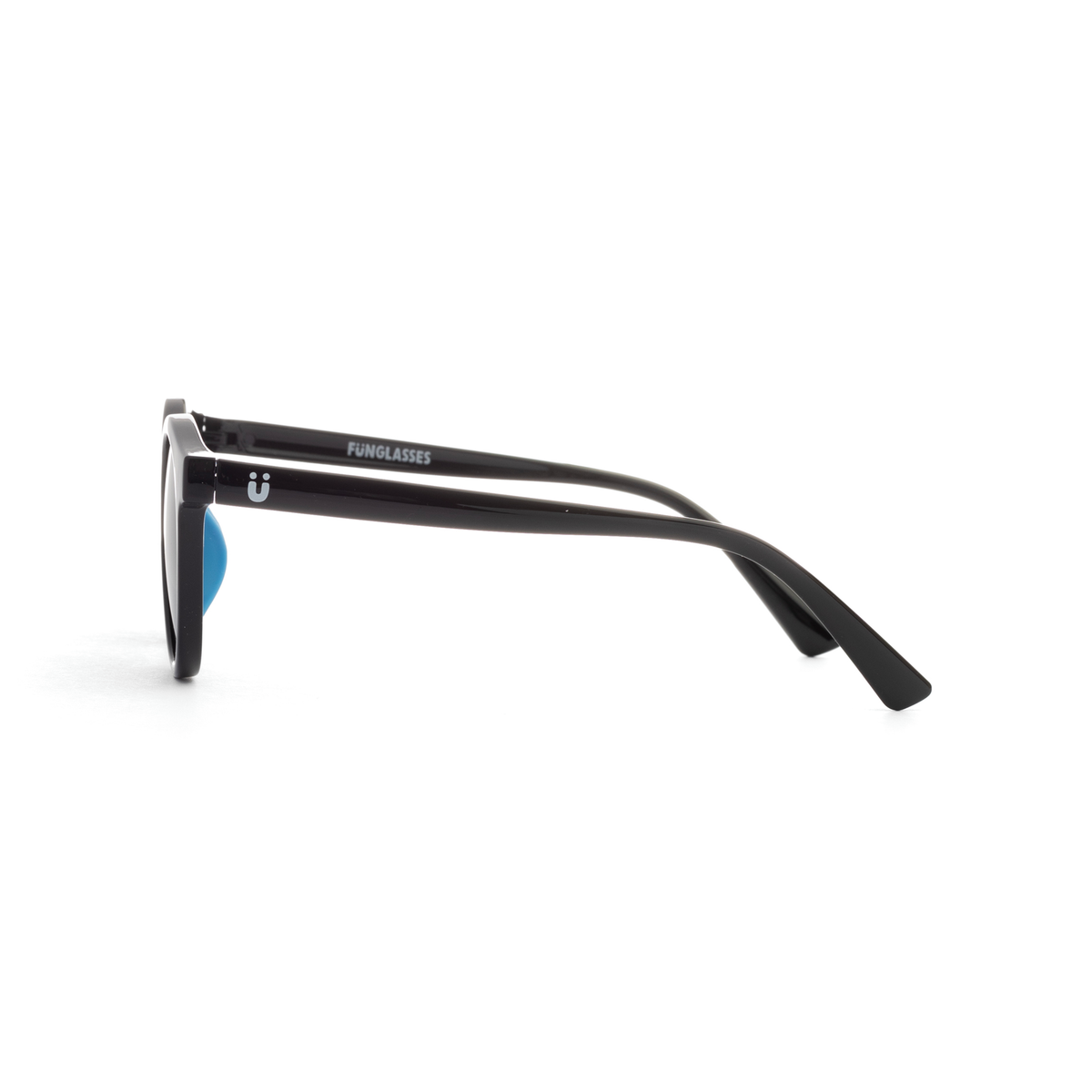 Sunglasses with black frame and blue lenses on a white background