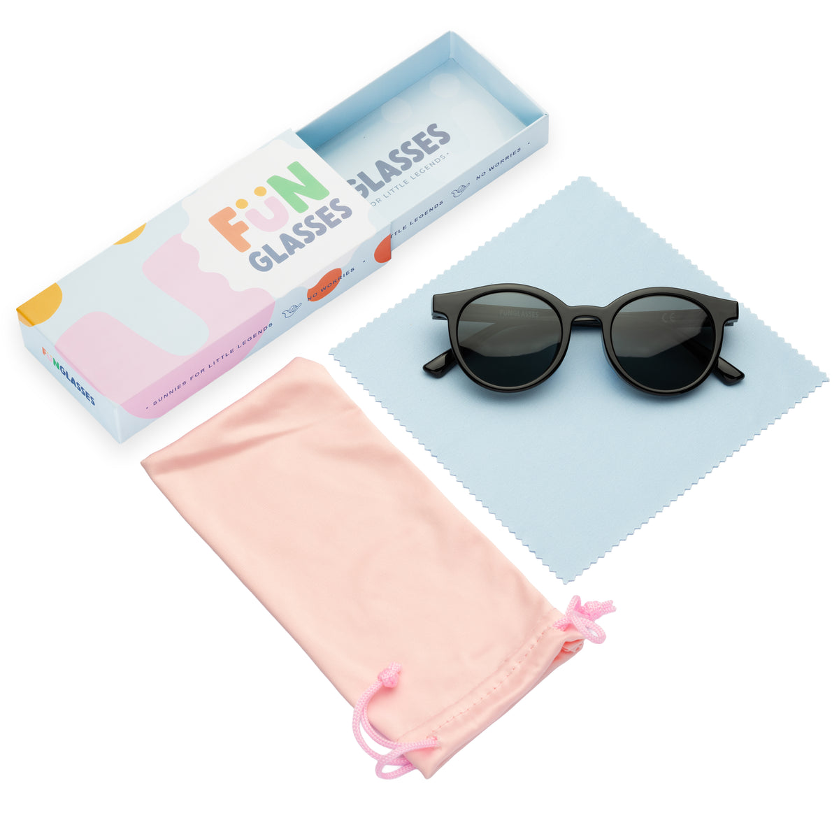 Children's sunglasses with pink carrying case and blue box on a white background - Funglasses