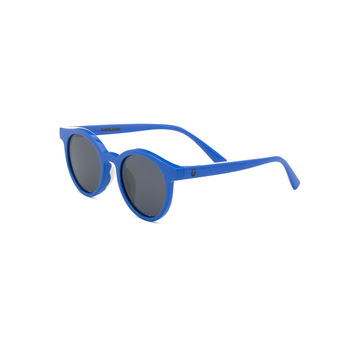 Blue European style kids sunglasses with dark lenses on a white background