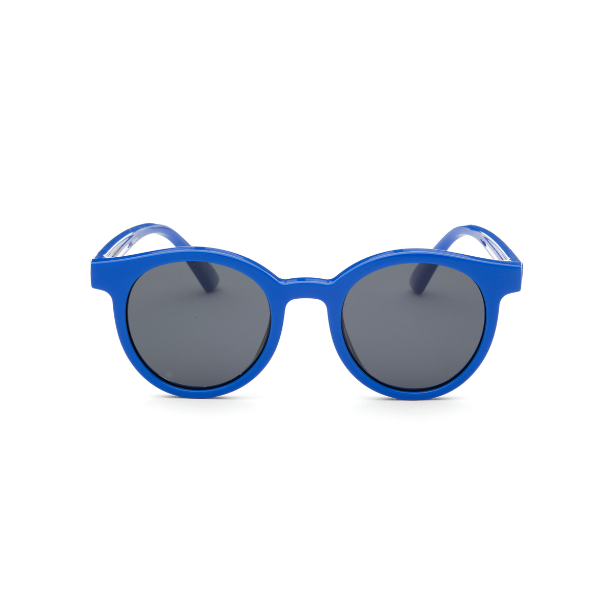 Blue European style sunglasses for kids with dark lenses on a white background, front facing