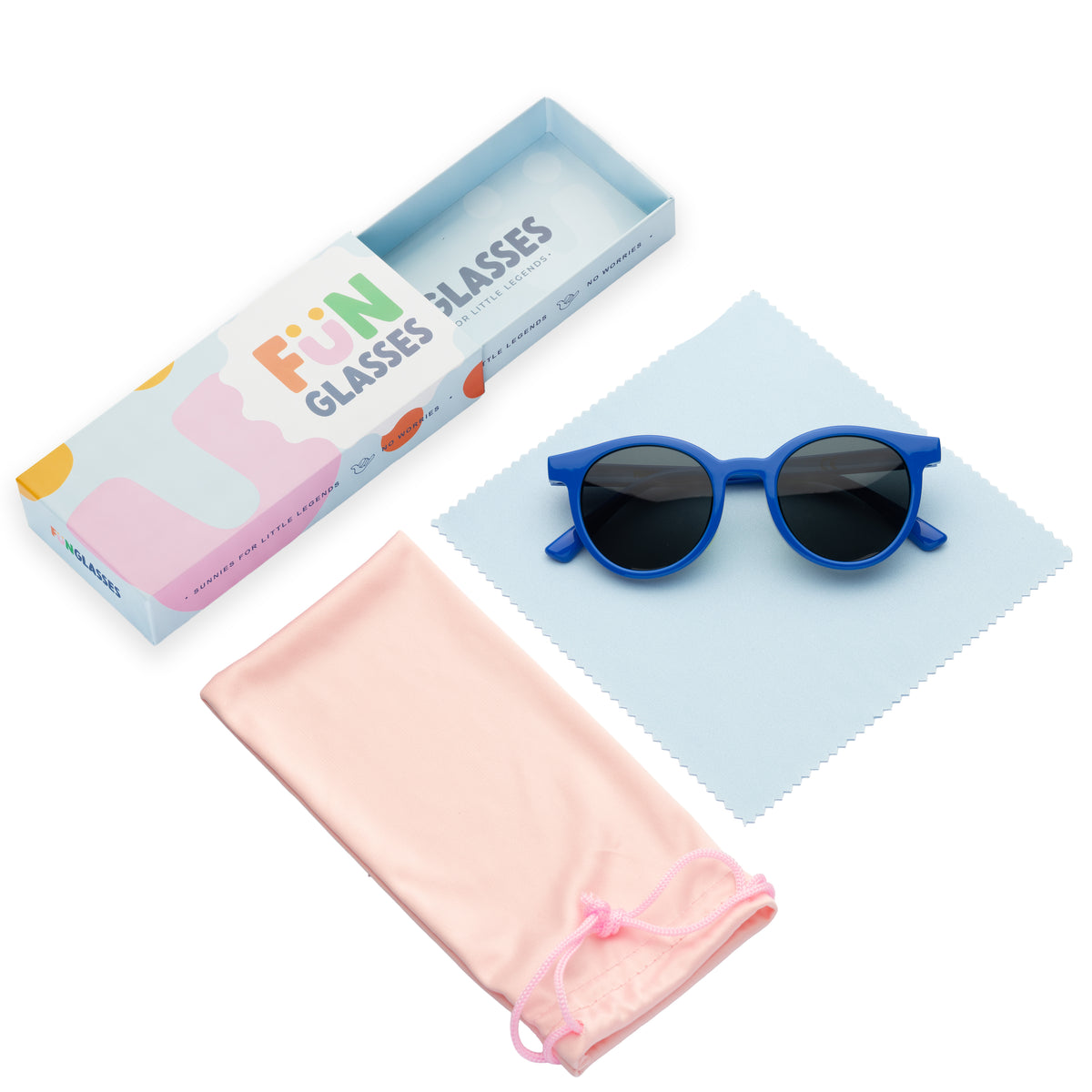 Blue sunglasses with a pink pouch and colorful 'Fun Glasses' box on a white background