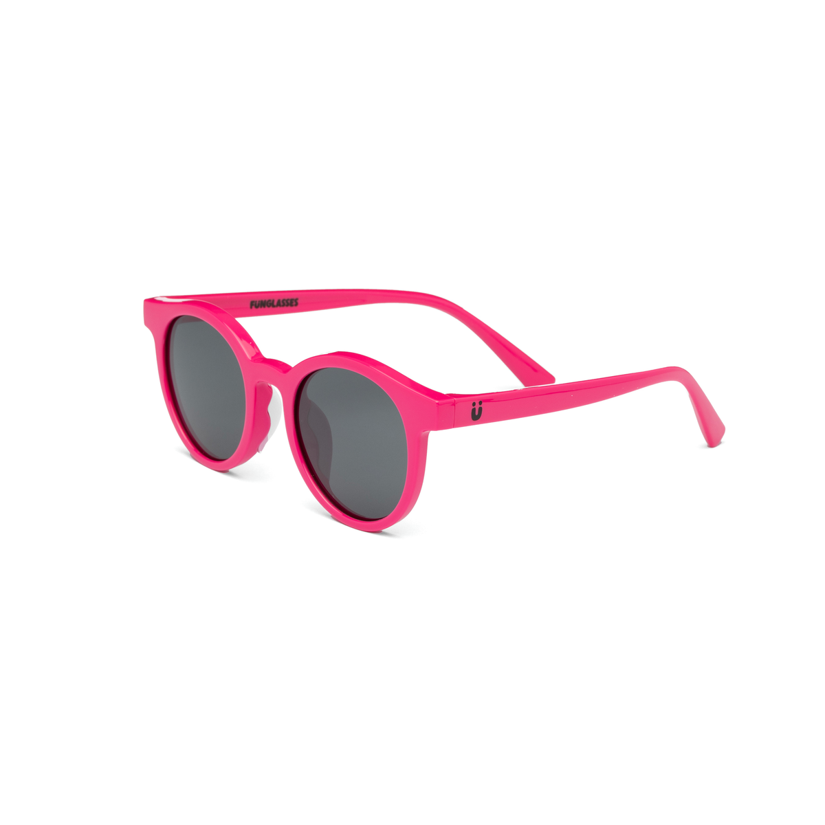 Pink European style kids sunglasses with dark lenses on a white background