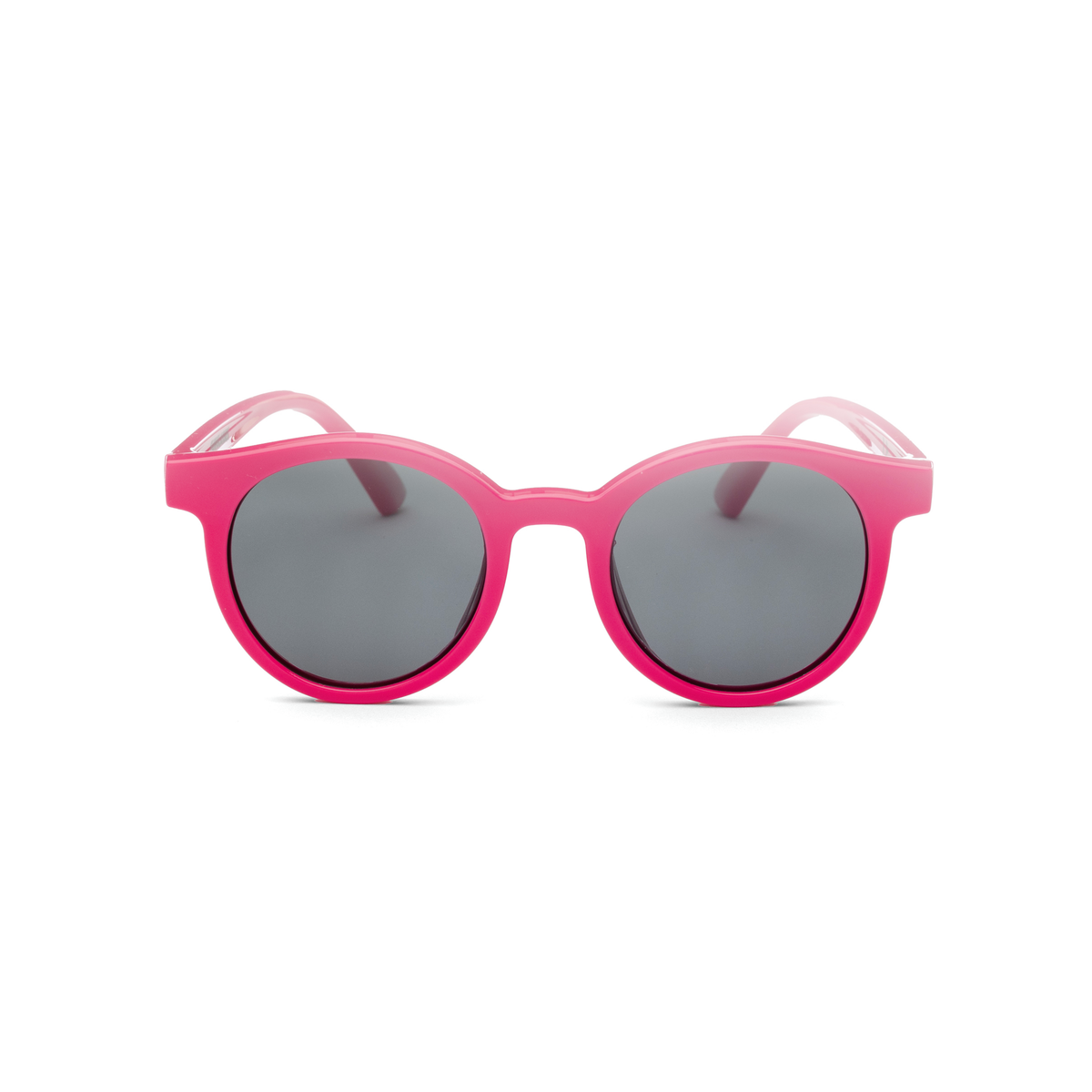 Pink European style sunglasses for kids with dark lenses on a white background, front facing
