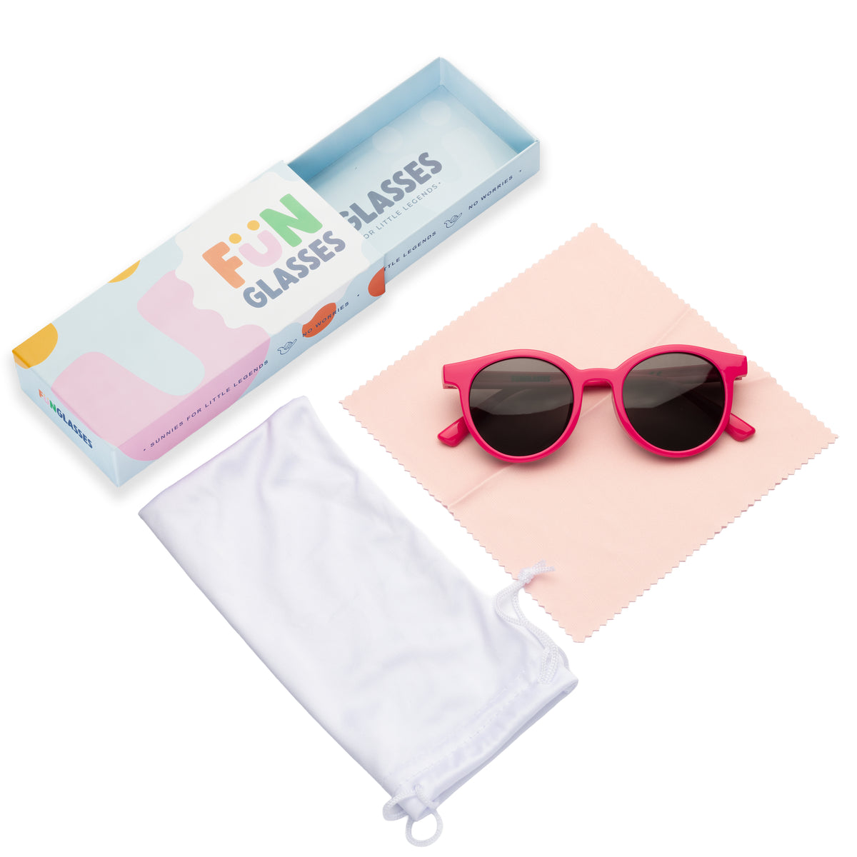 Pink sunglasses with dark lenses on a pink cloth, next to a white pouch and colorful 'Fun Glasses' box on a white background.