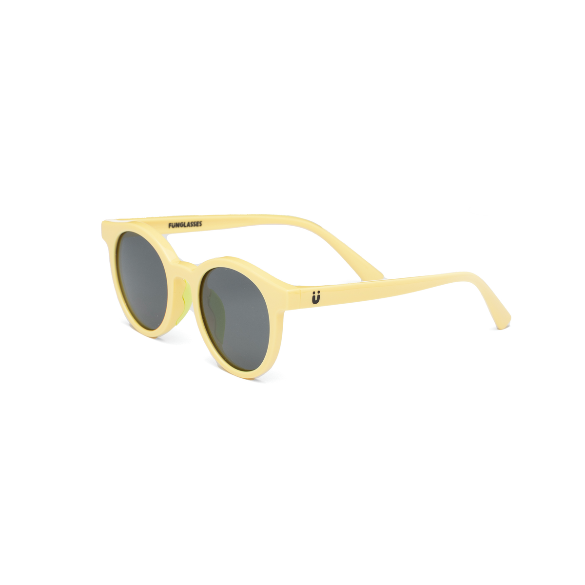 Yellow european style kids sunglasses with dark lenses on a white background