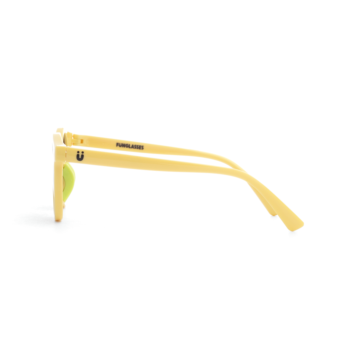 Yellow European style kids sunglasses with a white background, front facing image - Funglasses