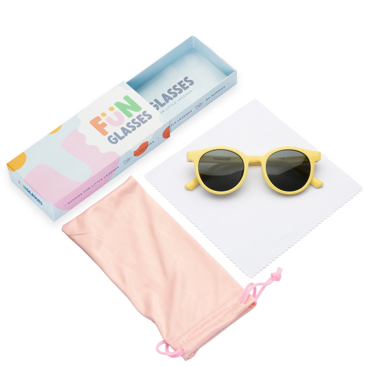 Yellow sunglasses with a pink case and 'Fun Glasses' box on a white background