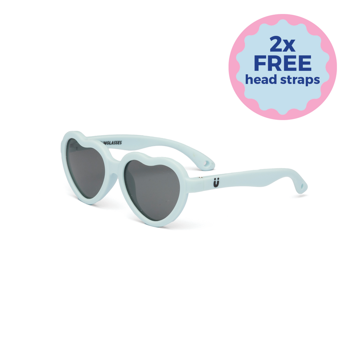 Light blue heart-shaped kids sunglasses on a white background, Fun Glasses