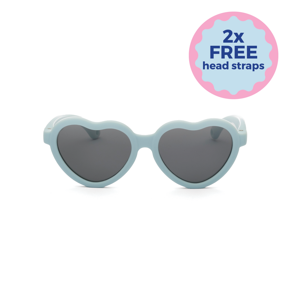 Heart-shaped kids sunglasses with light blue frame and dark lenses on a white background, Fun glasses