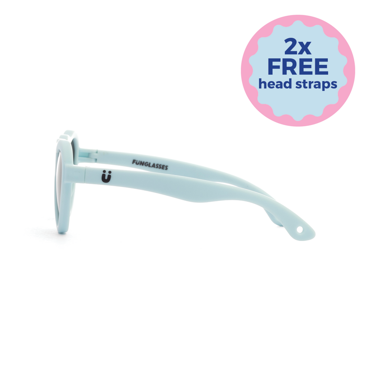 Light blue kids sunglasses with 'Funglasses' branding on a white background