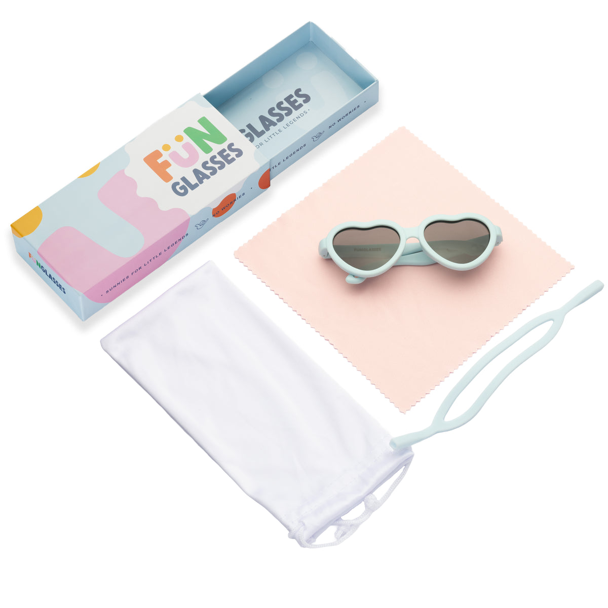 Heart-shaped light blue kids sunglasses with a carrying case and packaging on a white background
