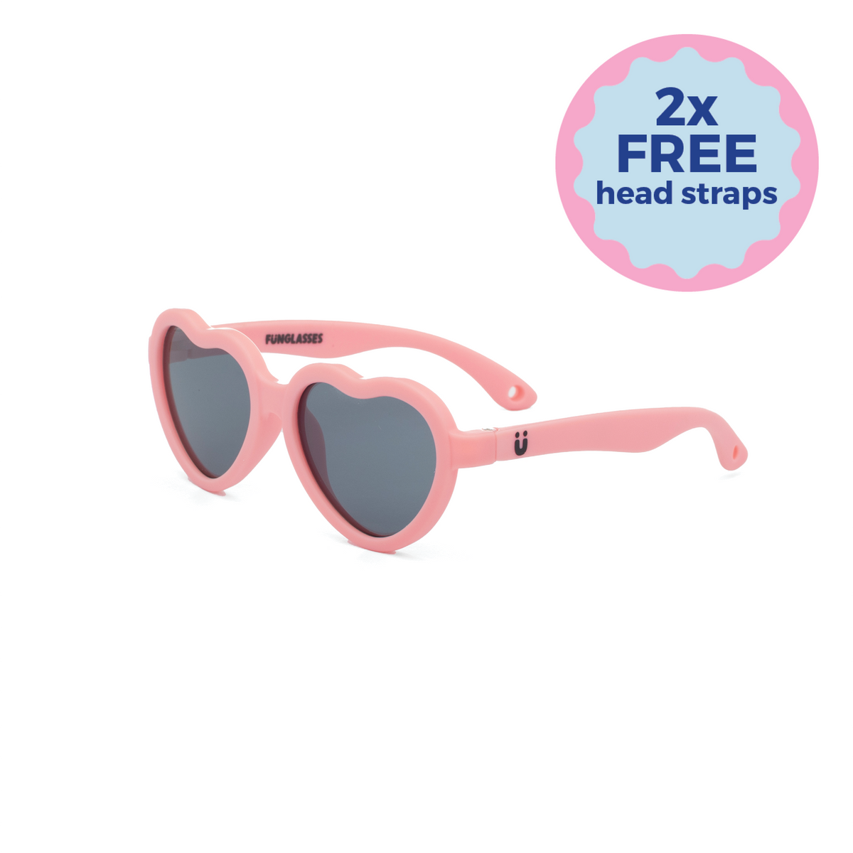 Pink heart-shaped sunglasses on a white background - Two free head straps - Funglasses