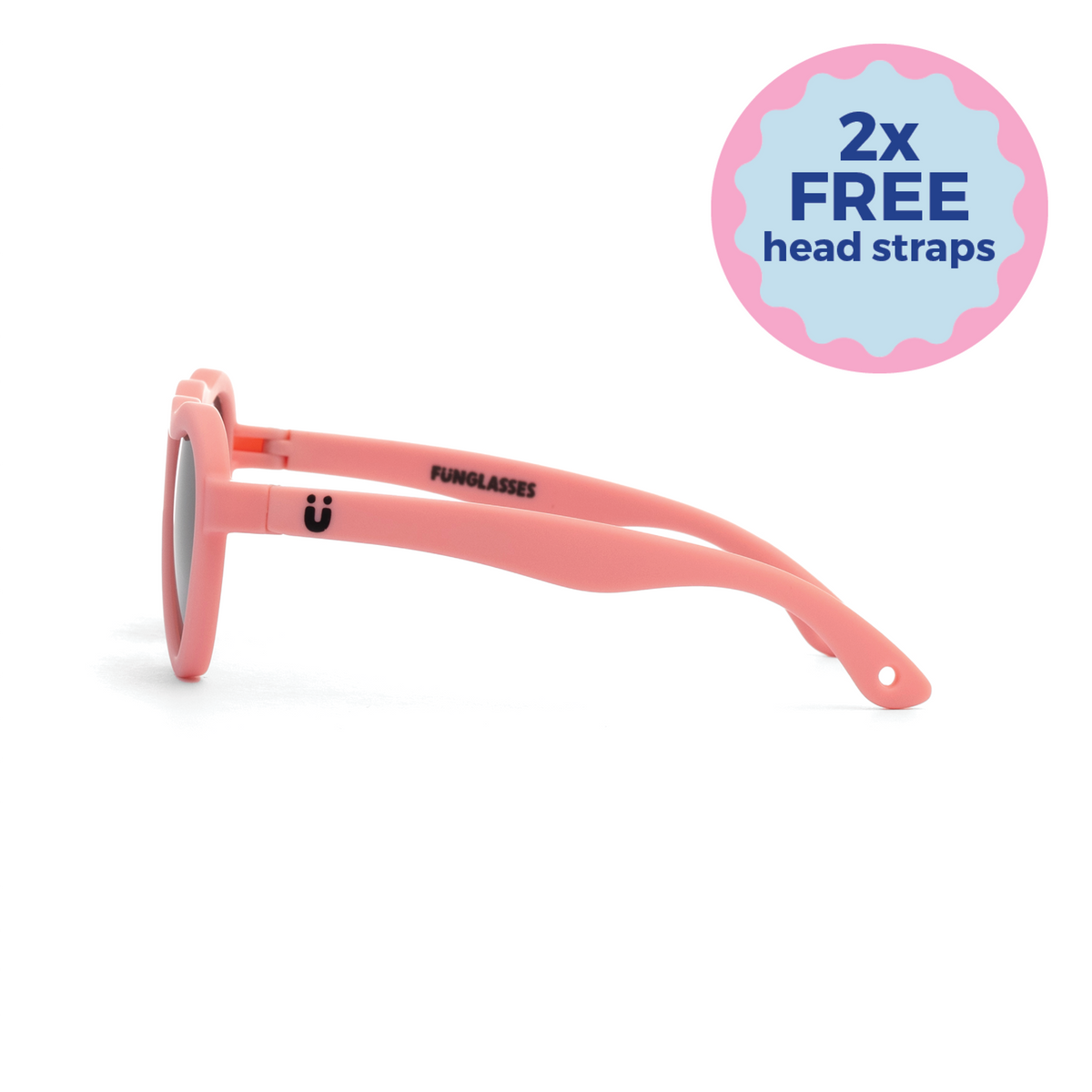 Pink kids heart sunglasses with a visible brand logo on a white background - Two free head straps - Funglasses