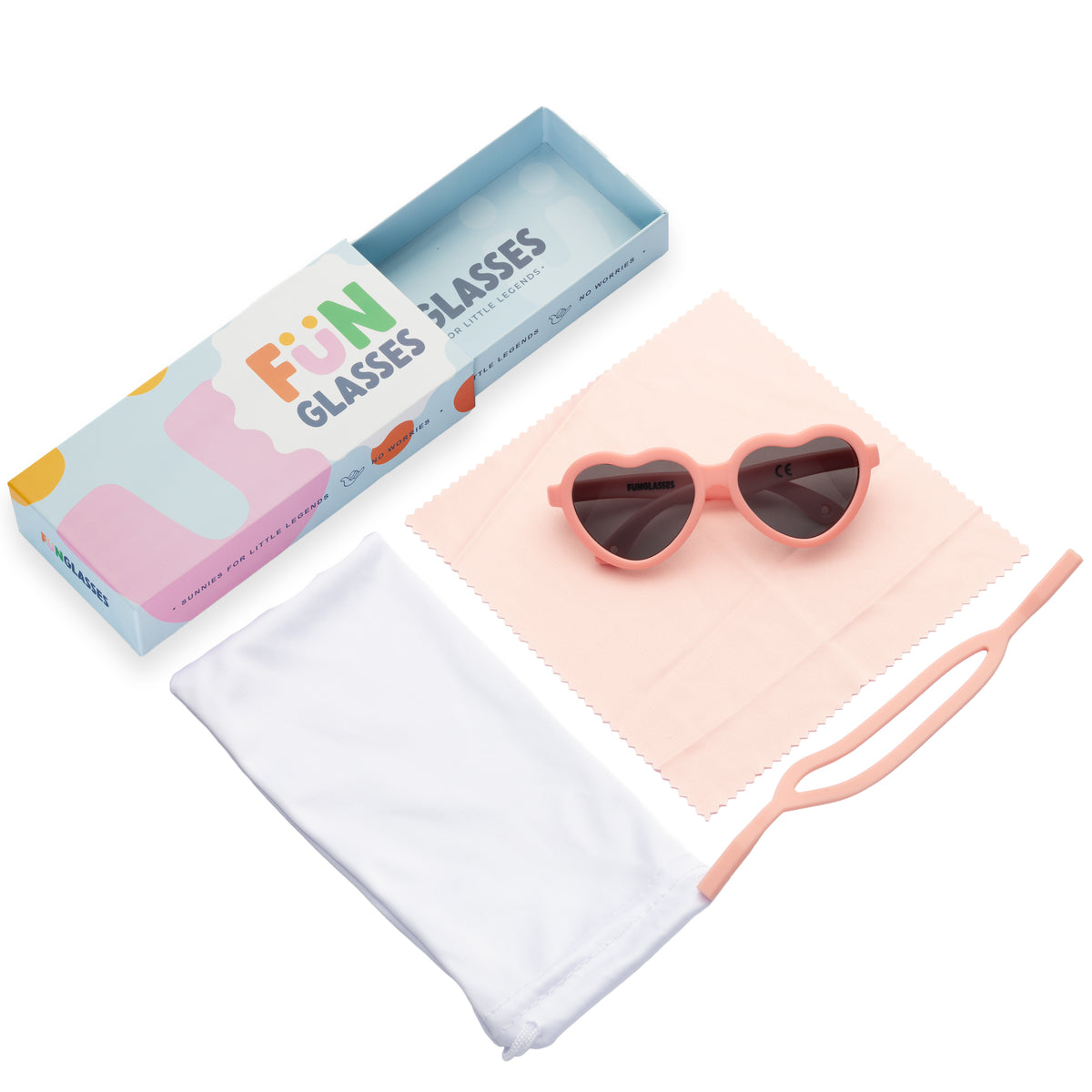 Heart-shaped kids sunglasses with a pink frame on a white background, accompanied by a box labeled 'Fun Glasses' and a cleaning cloth.