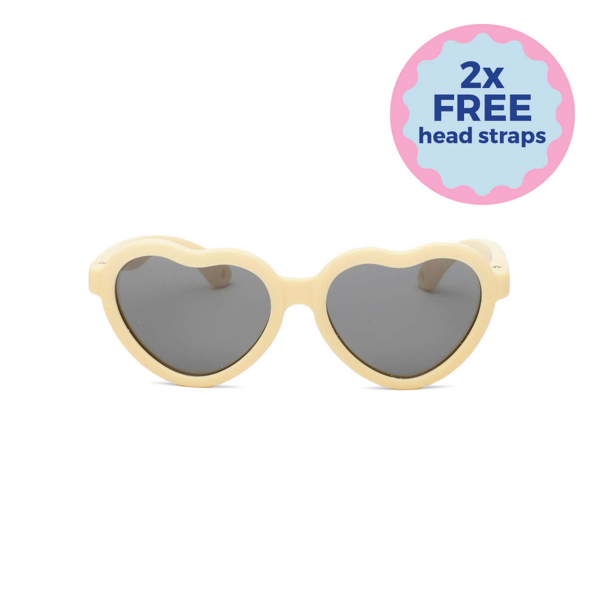 Heart-shaped kids sunglasses with yellow beige frame and dark lenses on a white background- Two free head straps - Funglasses