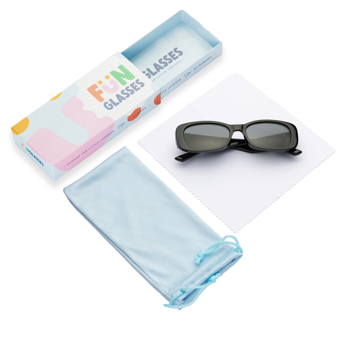 Black Vibey kids and baby sunglasses with a light blue case and packaging on a white background - Vibe