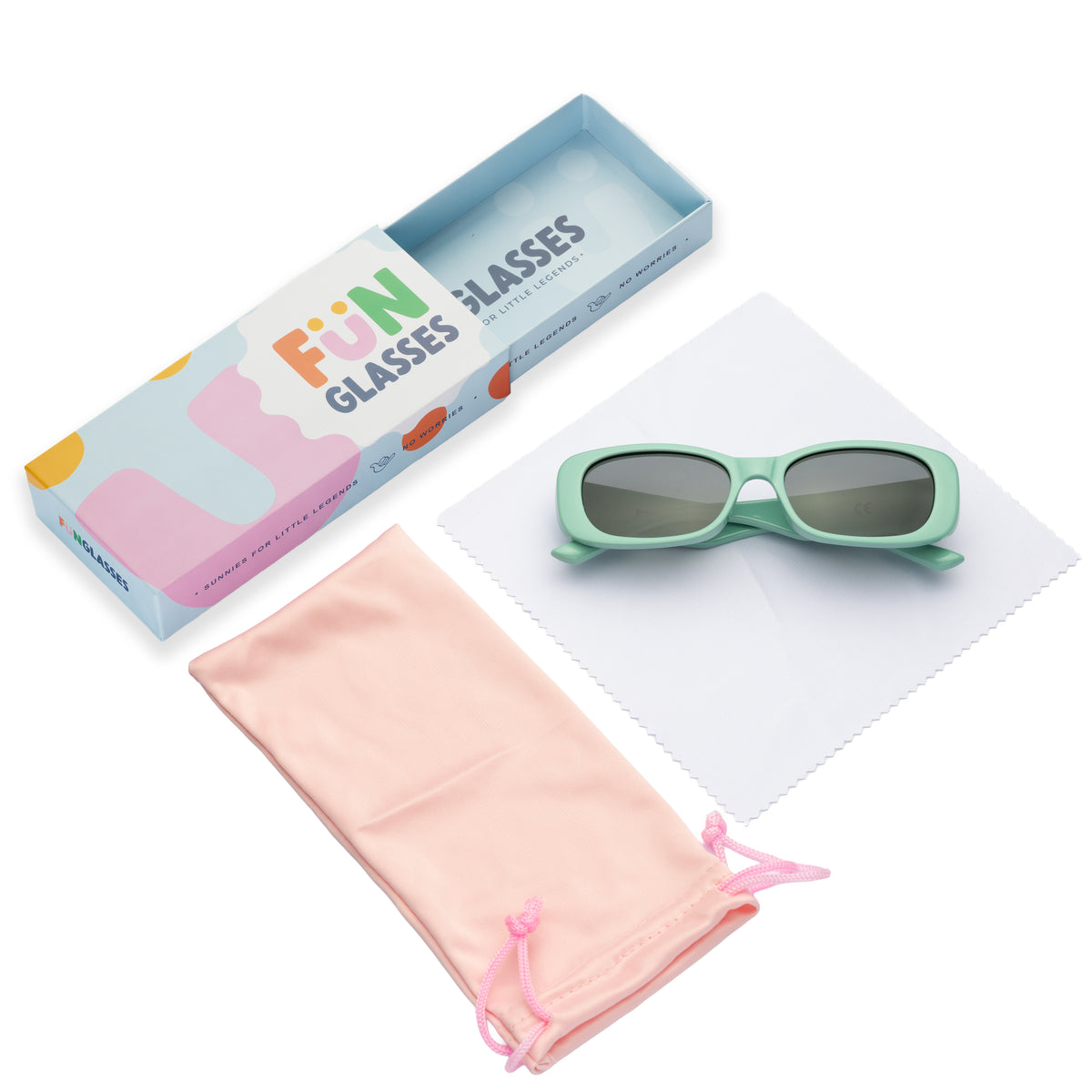 Children's green sunglasses with pink case and colorful packaging on a white background